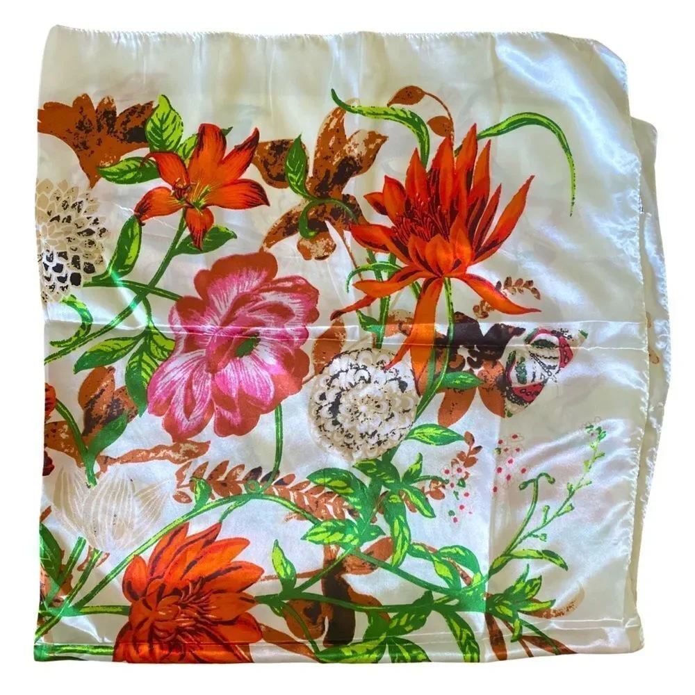 Floral Satin Scarf in White, Orange & Green